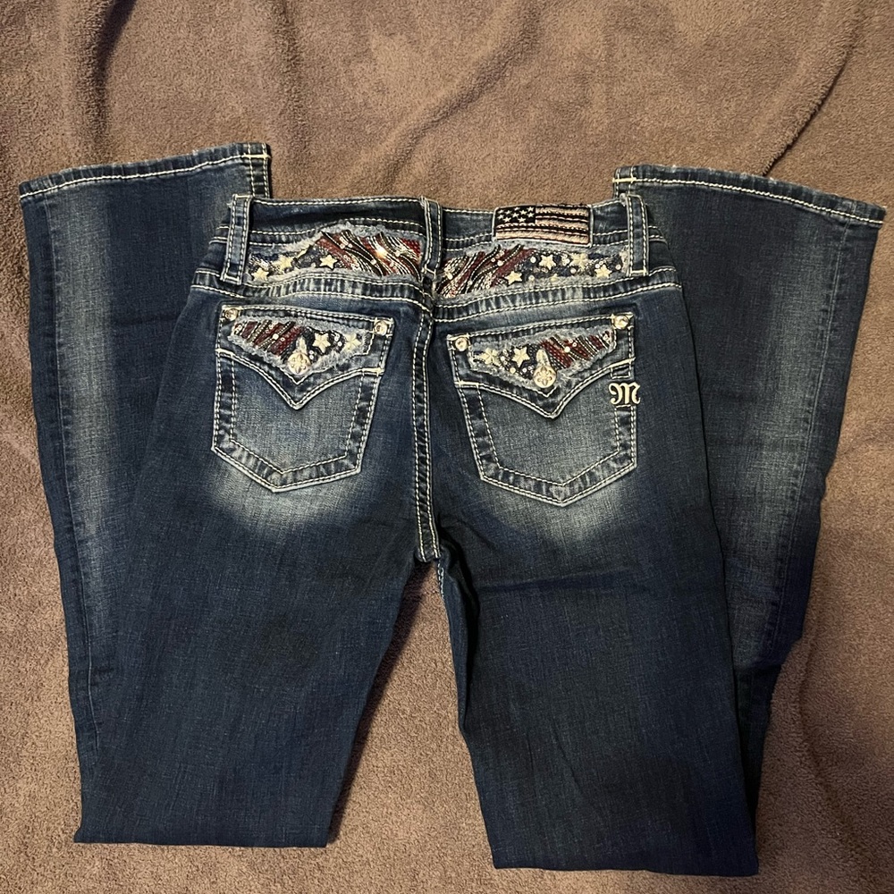 Miss Me Dark Blue Boot Cut Jeans with Embellished Pockets